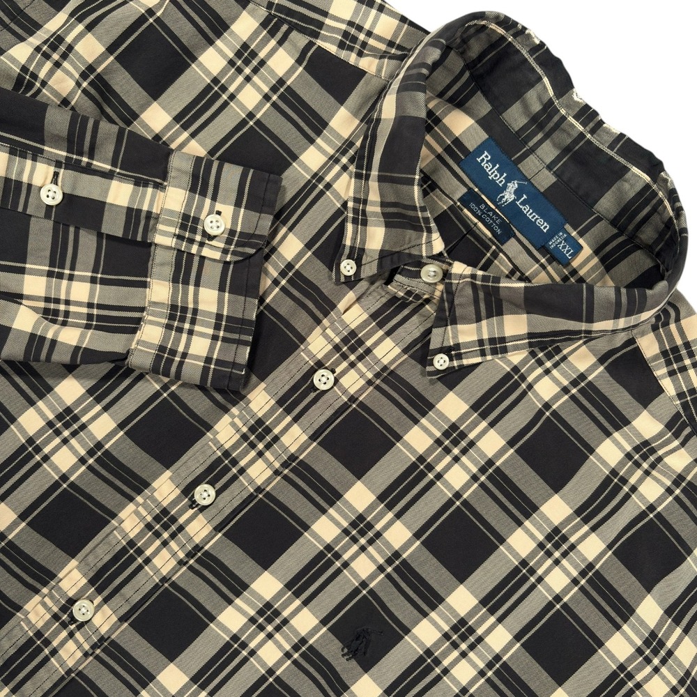 Vintage Ralph Lauren Blake Button Down Shirt Mens XXL Tan Black Plaid Twill Y2K